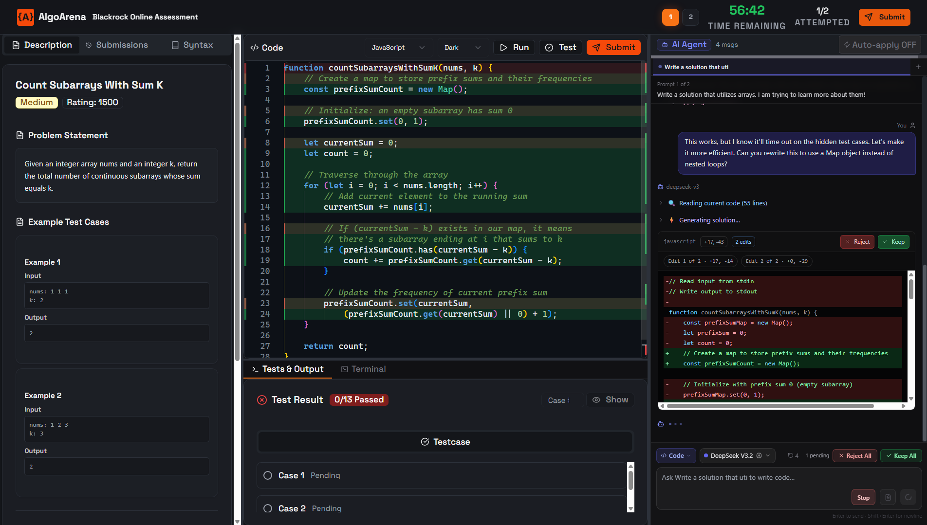 AlgoArena online assessment IDE with AI agent
